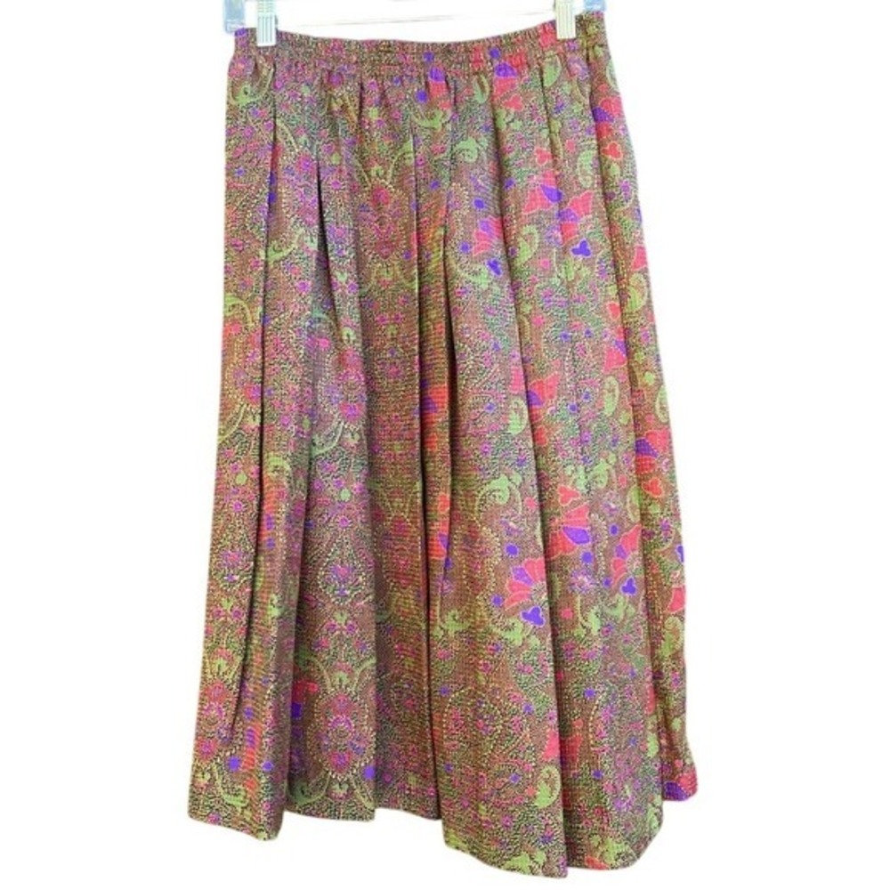 Vintage 80s 100% Silk Midi Skirt Colorful Abstract Print Elastic Waist Sz Medium